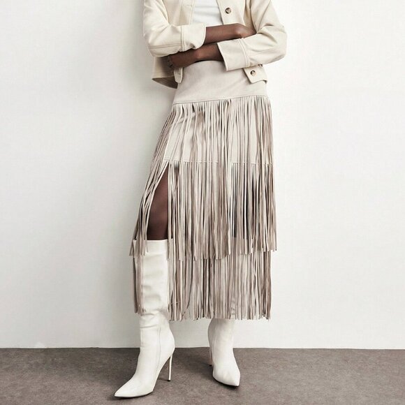 Khaki Boho Women's Chic Linen Tassel Skirt - Picture 6 of 7